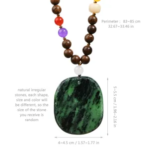 Close-up of the long wooden bead necklace with an irregular green stone pendant and size specs.