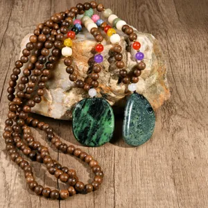 Vintage long wooden bead necklace with irregular green natural stone pendant for women.