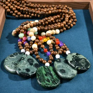 Vintage Artistic Natural Stone Beaded Long Necklace Wood Buddhist Prayer Beads Sweater Chain Irregular Agate Pendant Necklace For Women Men