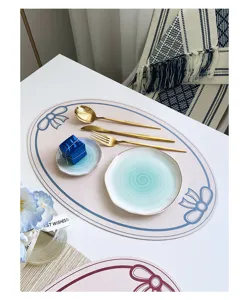 Ins style leather placemat waterproof oilproof oval dining table mat with bow print french luxury