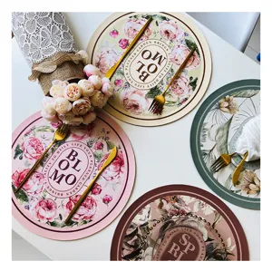 Ronde PU-leren placemat met bloemenprint, waterdichte en hittebestendige tafelmat.