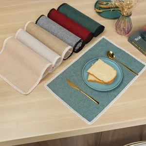 Tischset in Leinenoptik Nordischer Stil Spitzenkante Hitzebeständige Tischmatte Einfarbig Polyester Dekoratives Stoffset Für Esszimmer