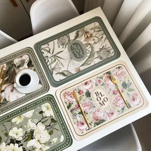 Amerikaans Retro Bloemen PU Leer Placemat Waterdicht Oliebestendig Thermisch Isolerend Rond Rechthoekig Tafelmat Bordmatje