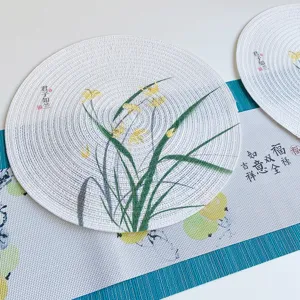 Neo-Chinesisch Rund Polyester Tischset Vintage Wärmeisolierung Rutschfest Esstisch Untersetzer Klassisch Tuschelandschaft Bedruckt Tee-Set Matte Haus Küche Deko