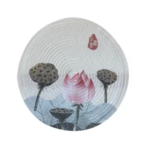 Runde Baumwoll-Tischset mit chinesischem Lotus-Tintendruck, elegante Teematte für den Esstisch.