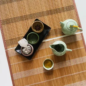 Zen style bamboo tea mat and ceramic tea set detail shot, non-slip placemat for ceremony.