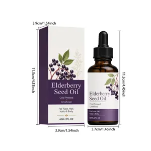 Elderberry seed oil product detail view showing bottle and packaging dimensions with dropper.