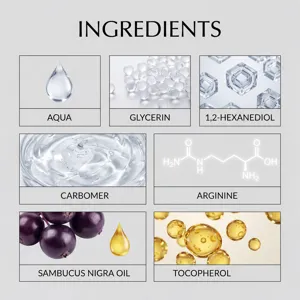 Ingredients chart of moisturizing essential oil, displaying clear skincare formula and active elements.