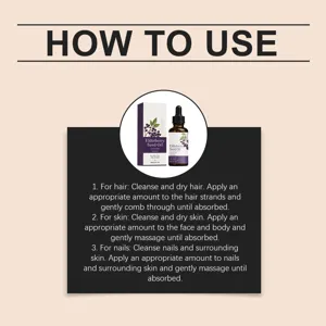 Elderberry seed oil detail usage guide image showing moisturizing hair skin and nail care steps.