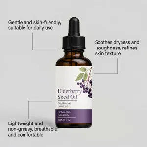 Detailed close-up view of elderberry seed oil dropper bottle highlighting texture and skin benefits.