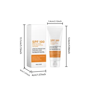Lotion solaire visage et corps SPF 100 de 50g, affichant clairement les dimensions du produit.