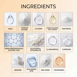 Vue détaillée des principaux ingrédients actifs pour les soins de la peau et l'hydratation.