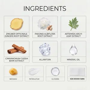 Detailed infographic showing natural herbal extracts and fabric material for care patches.