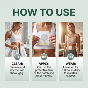 Detailed usage guide for herbal body balance care patch showing three simple application steps.