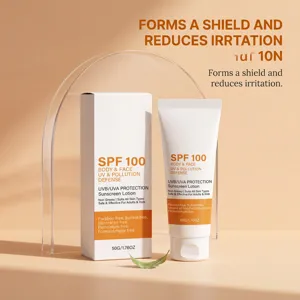 Lotion solaire hydratante SPF 100 pour le visage et le corps, protection UV et anti-pollution.