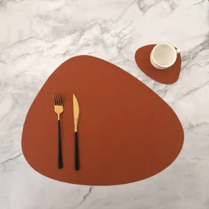 PU leather placemat and coaster set, irregular shaped brown table mat for dining room.