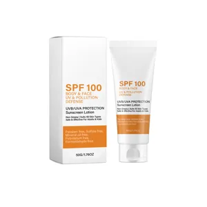 Lotion solaire haute protection SPF 100 pour le corps et le visage, formule douce pour tous types.