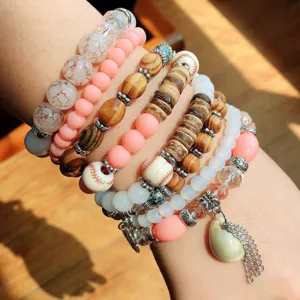 Juego de pulseras de cuentas multicapa bohemias para mujer con concha y abalorios de madera.