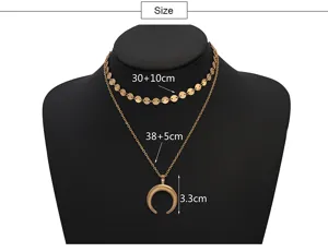 Multi-layer gold choker necklace with coin and moon pendant, elegant jewelry for women.