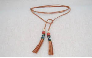 Long fringe suede rope necklace, wooden bead ethnic tassel sweater chain dress belt accessory.