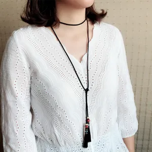 Bohemian Faux Suede Cord Tassel Wood Beads Necklace For Women Vintage Bowknot Long Sweater Chain Dress Waist Belt Multipurpose Costume Jewelry Accessories