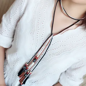 Boho multi-strand leather cord necklace with wooden beads and tassels for women fashion accessories