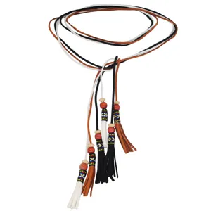 Long multi-strand leather cord tassel necklace and chic dress belt with wooden beads.