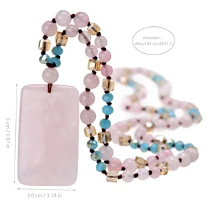 Lunga collana con pendente in quarzo rosa rettangolare perle stile boho da donna.