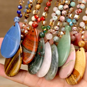 Bohemian Natural Stone Water Drop Pendant Necklace For Women Handmade Knotted Long Sweater Chain Vintage Crystal Beaded Necklace