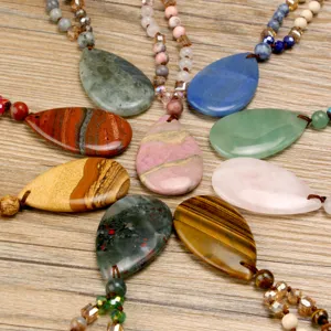 Collana con Pendente a Goccia in Pietra Naturale Lunga Catena Maglione Fatta a Mano
