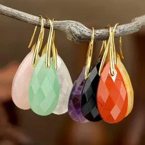 Elegant teardrop faceted gemstone dangle earrings featuring gold-toned hooks with colorful options.