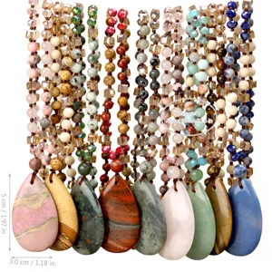 Natural stone teardrop necklace handmade knotted sweater chain detail view showing gems.