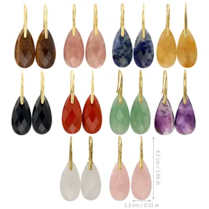 Detailed view of multi-colored faceted teardrop gemstone earrings with gold-tone hooks.