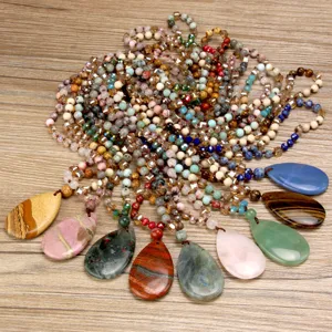 Natural stone teardrop pendant handmade knotted necklace, stylish gemstone sweater chain.