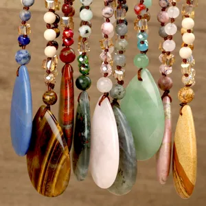 Handmade natural stone teardrop pendant necklace crystal beaded boho sweater chain jewelry.