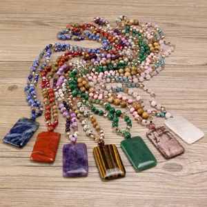Collana lunga con ciondolo quadrato in pietra naturale catena maglione fatta a mano bohémien