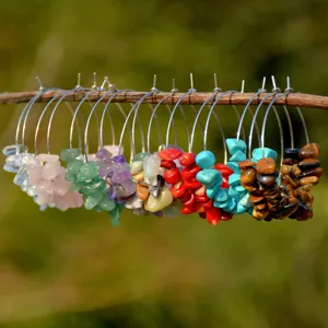 Colorful natural crystal chip hoop earrings for women, bohemian style beach jewelry detail view.
