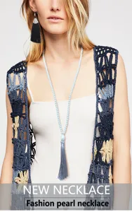 Lange Perlen Quaste Halskette fuer Damen, stilvoller Pulloverketten Modeschmuck Detail.