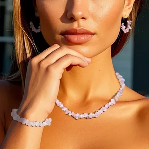 Natural pink crystal chip necklace earrings bracelet jewelry set for women fashion accessory