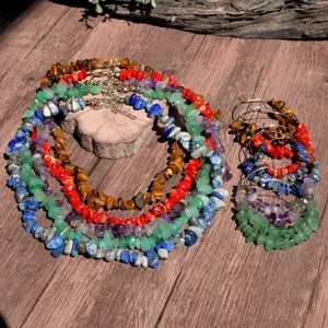Boho gemstone chip necklace hoop earrings set, colorful crystal agate jewelry detail view.