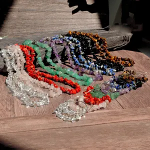 Colorful irregular chip stone necklace and hoop earrings set, natural crystal beach jewelry.