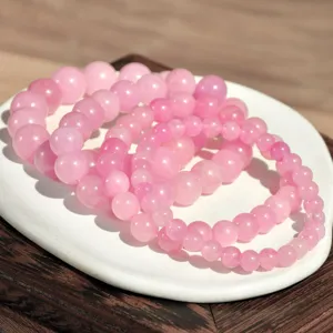Natürliches rosa Kristall Perlenarmband, elegantes stapelbares Design für Damen, elastischer Schmuck.
