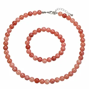 Pink sunstone beaded necklace bracelet set size chart with clear perimeter and bead diameter specs.