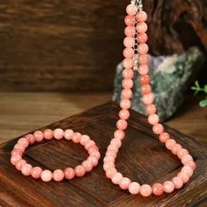 Vintage Pink Sunstone Necklace Bracelet Set Women Natural Stone Bead Jewelry Set Elegant Anniversary Birthday Gift Her