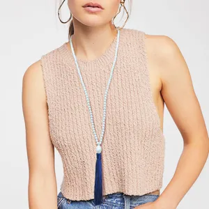 Lange Perlenkette mit dunkelblauer Quaste, elegante Pulloverkette für Damen, vielseitiger Anhänger.