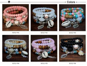 Pulsera de cuentas multicapa boho para mujer, con dijes de concha y madera, estilo étnico.