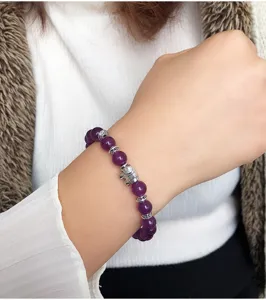 Lila Amethyst Perlen Armband für Damen mit silbernem Elefanten Anhänger Energie Schmuck