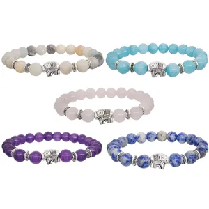 Naturstein Perlenarmband Set mit Silber Elefant Anhänger für Damen Herren Schmuck Geschenke