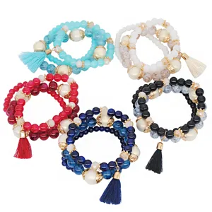 Set de pulseras de cuentas multicapa boho con colores dulces de caramelo y borlas lindas para mujer
