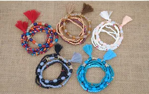 Pulsera de cuentas de borla multicapa bohemia juego de joyas etnicas de playa